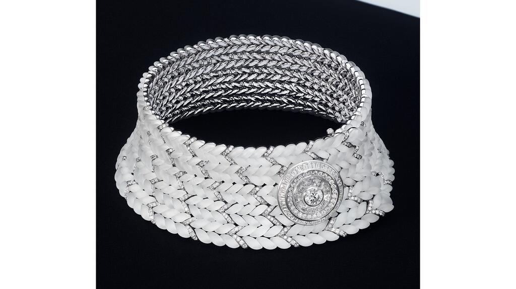 In “Le Tricot,” rock crystal was hand-shaped and sandblasted to create the appearance of a knit braid. Boucheron Power of Couture knit choker